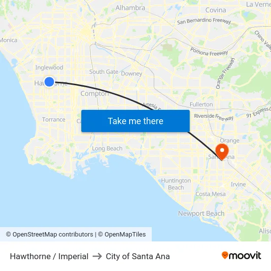 Hawthorne / Imperial to City of Santa Ana map