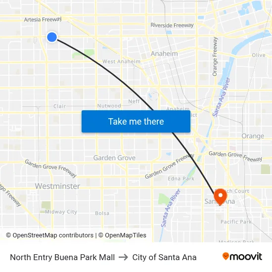 North Entry Buena Park Mall to City of Santa Ana map
