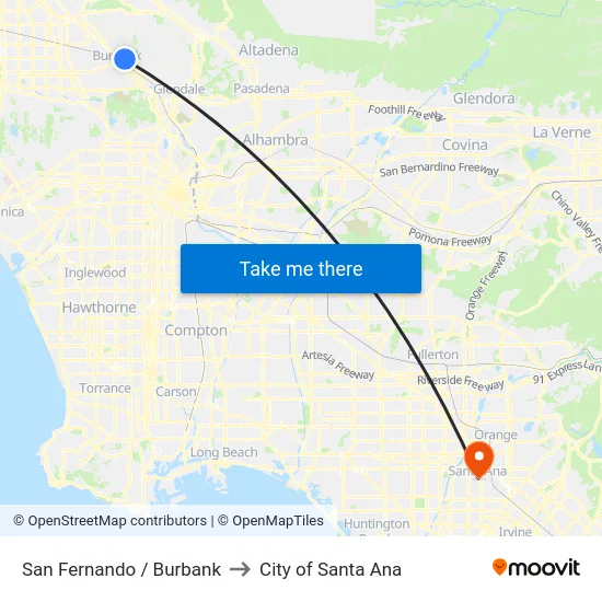 San Fernando / Burbank to City of Santa Ana map