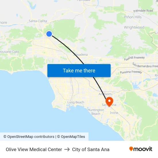 Olive View Medical Center to City of Santa Ana map