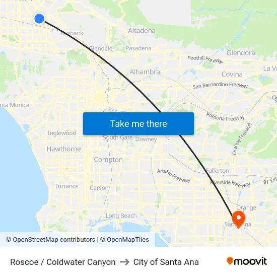 Roscoe / Coldwater Canyon to City of Santa Ana map