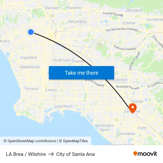 LA Brea / Wilshire to City of Santa Ana map