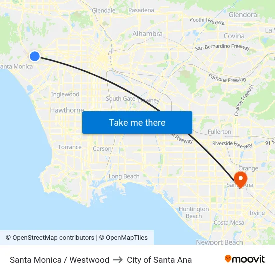 Santa Monica / Westwood to City of Santa Ana map
