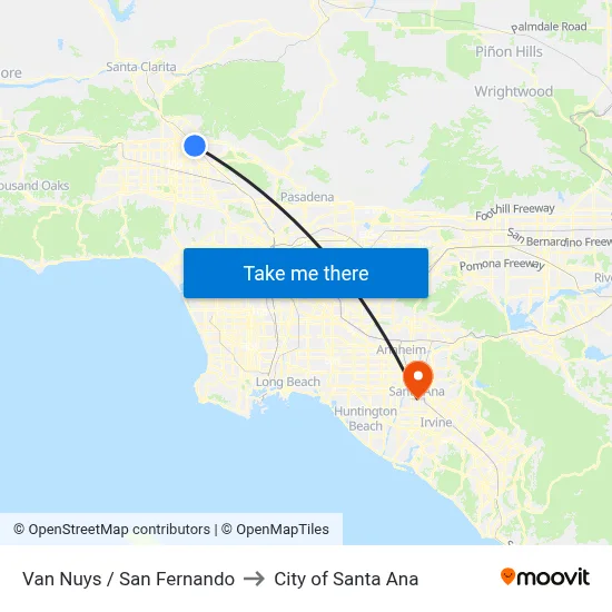 Van Nuys / San Fernando to City of Santa Ana map