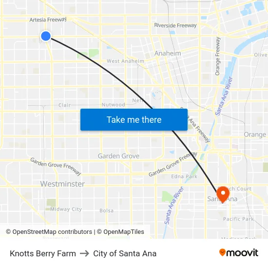 Knotts Berry Farm to City of Santa Ana map
