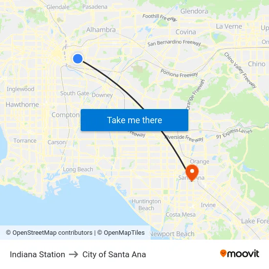 Indiana Station to City of Santa Ana map