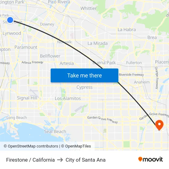 Firestone / California to City of Santa Ana map