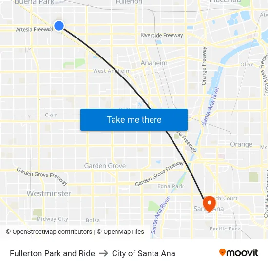 Fullerton Park and Ride to City of Santa Ana map