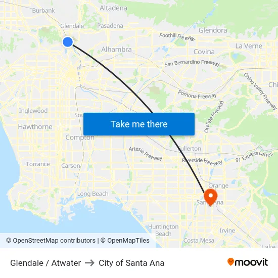 Glendale / Atwater to City of Santa Ana map