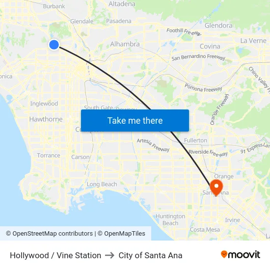 Hollywood / Vine Station to City of Santa Ana map