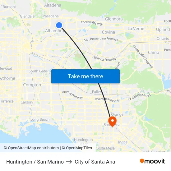 Huntington / San Marino to City of Santa Ana map
