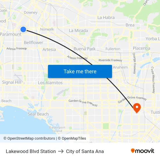 Lakewood Blvd Station to City of Santa Ana map
