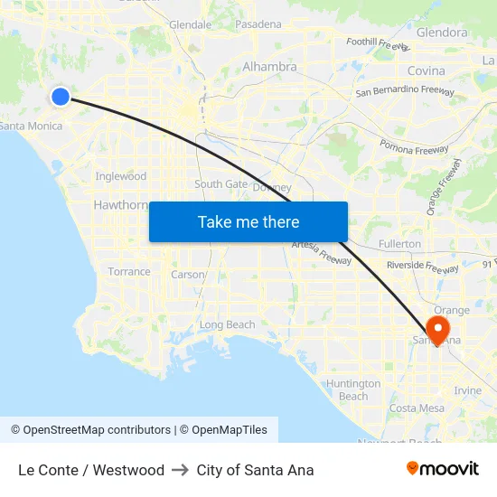 Le Conte / Westwood to City of Santa Ana map