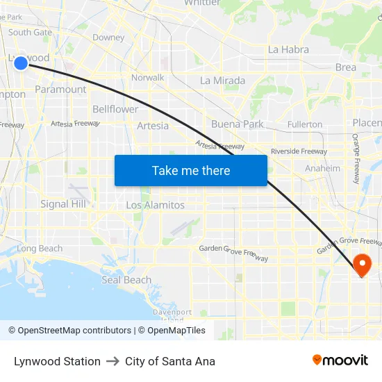 Lynwood Station to City of Santa Ana map