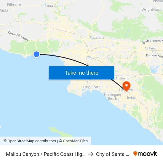 Malibu Canyon / Pacific Coast Highway to City of Santa Ana map