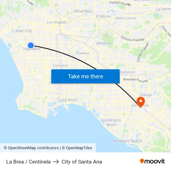 La Brea / Centinela to City of Santa Ana map
