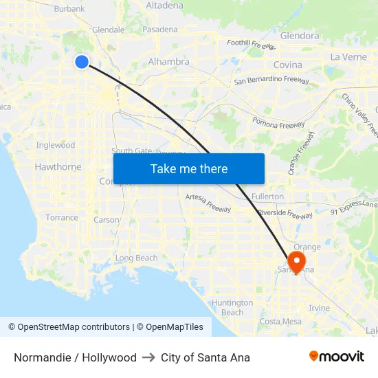 Normandie / Hollywood to City of Santa Ana map