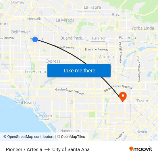 Pioneer / Artesia to City of Santa Ana map