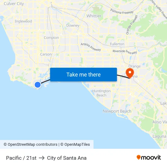 Pacific / 21st to City of Santa Ana map