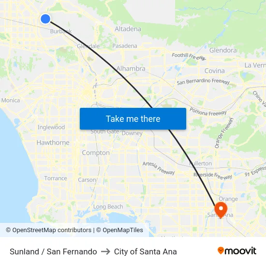 Sunland / San Fernando to City of Santa Ana map