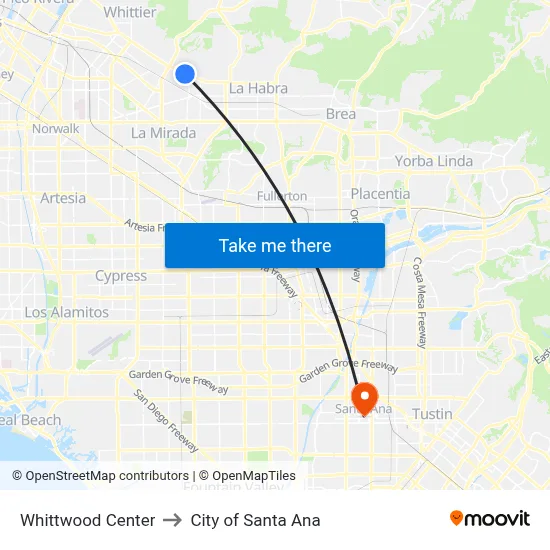 Whittwood Center to City of Santa Ana map