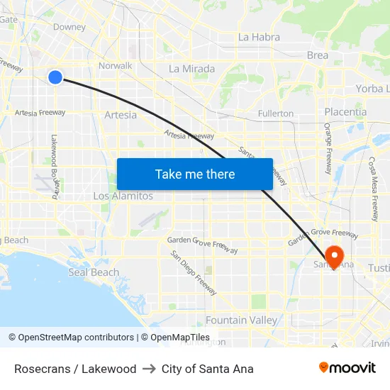 Rosecrans / Lakewood to City of Santa Ana map
