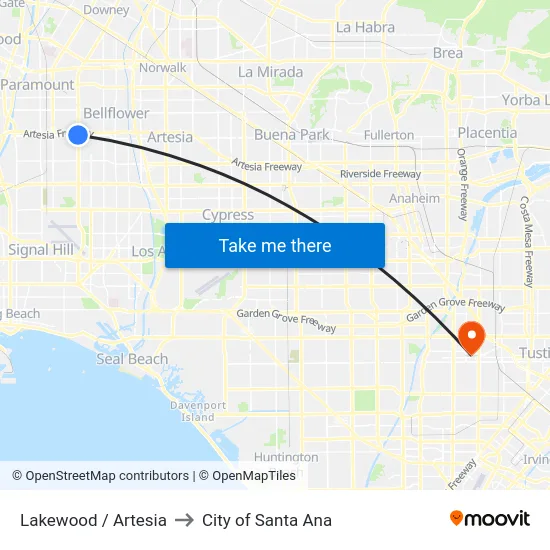 Lakewood / Artesia to City of Santa Ana map