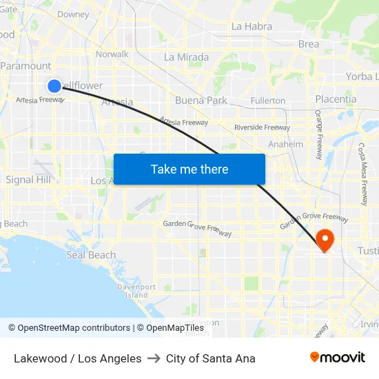 Lakewood / Los Angeles to City of Santa Ana map