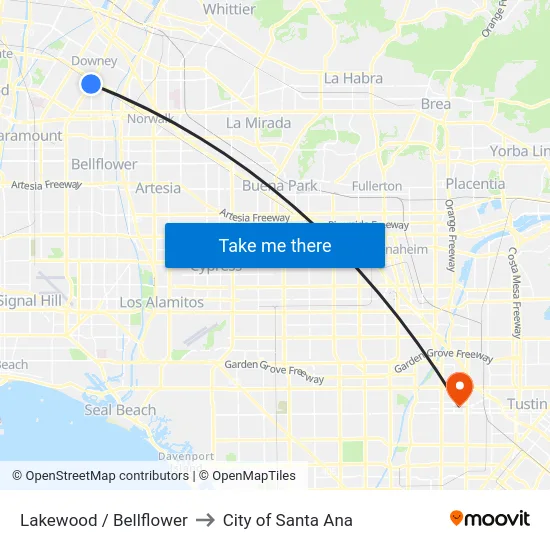 Lakewood / Bellflower to City of Santa Ana map