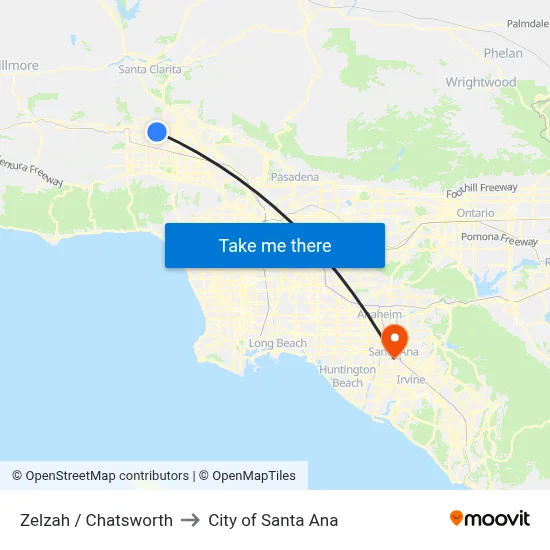 Zelzah / Chatsworth to City of Santa Ana map