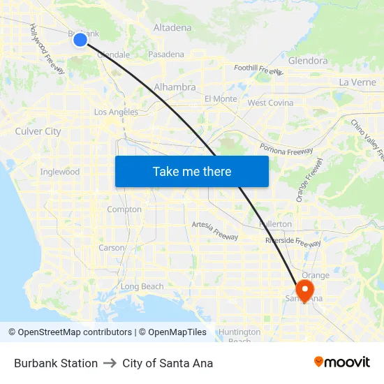 Burbank Station to City of Santa Ana map