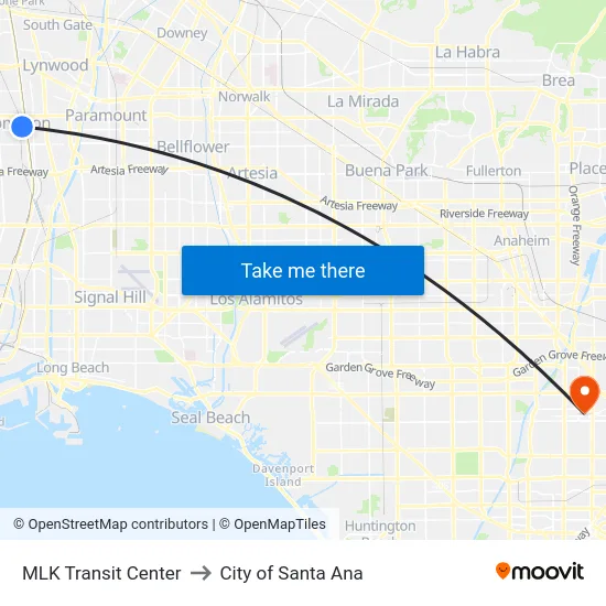 MLK Transit Center to City of Santa Ana map