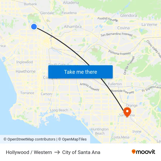 Hollywood / Western to City of Santa Ana map