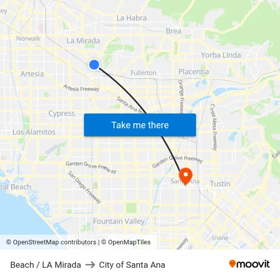 Beach / La Mirada to City of Santa Ana map