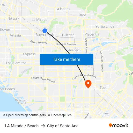 LA Mirada / Beach to City of Santa Ana map