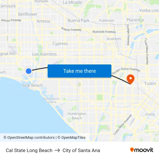 Cal State Long Beach to City of Santa Ana map