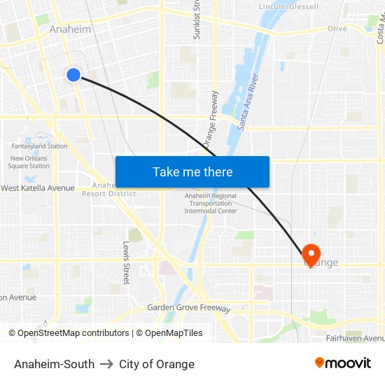 Anaheim-South to City of Orange map