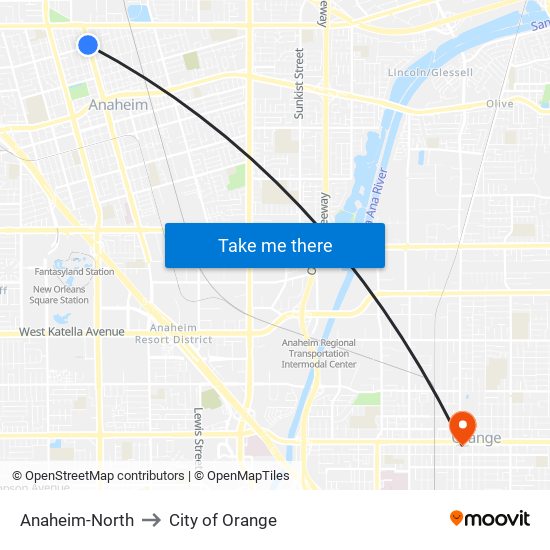 Anaheim-North to City of Orange map