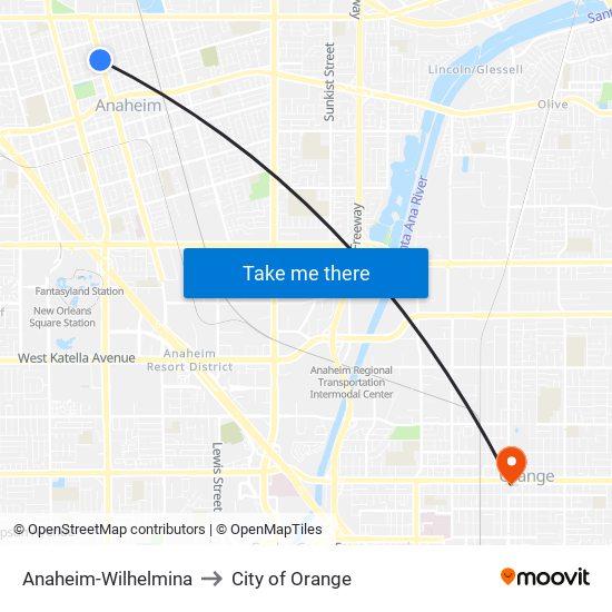 Anaheim-Wilhelmina to City of Orange map