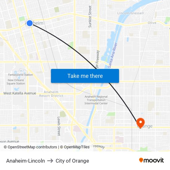 Anaheim-Lincoln to City of Orange map