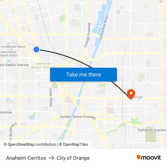 Anaheim-Cerritos to City of Orange map