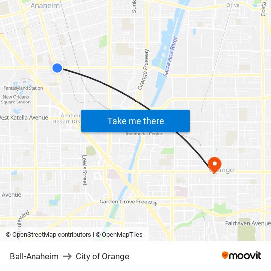 Ball-Anaheim to City of Orange map