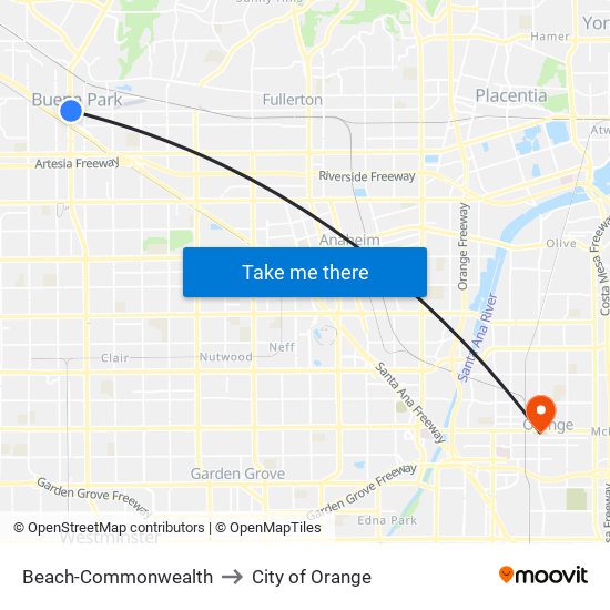 Beach-Commonwealth to City of Orange map