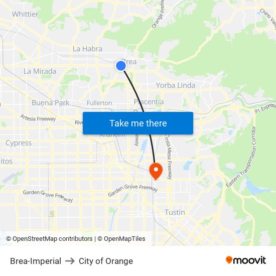 Brea-Imperial to City of Orange map