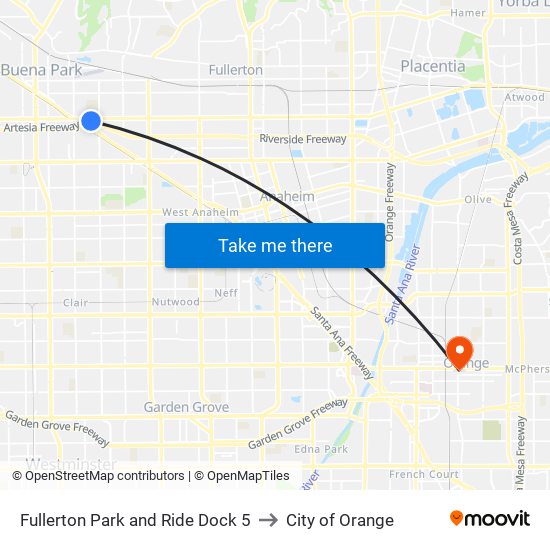 Fullerton Park and Ride Dock 5 to City of Orange map