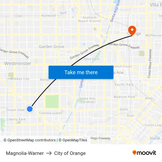Magnolia-Warner to City of Orange map