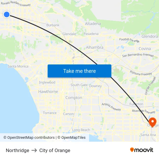 Northridge to City of Orange map