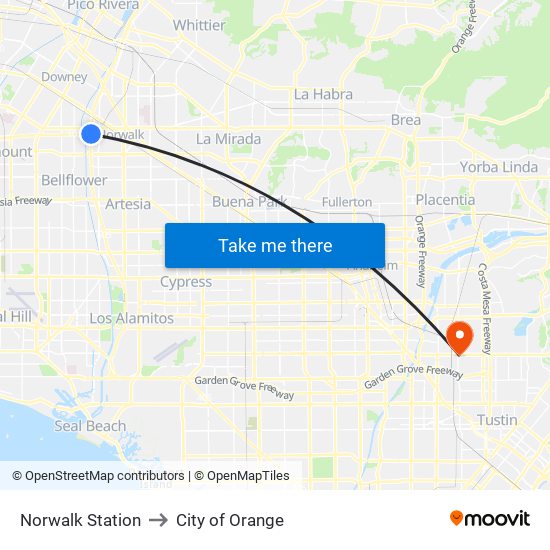 Norwalk Station to City of Orange map