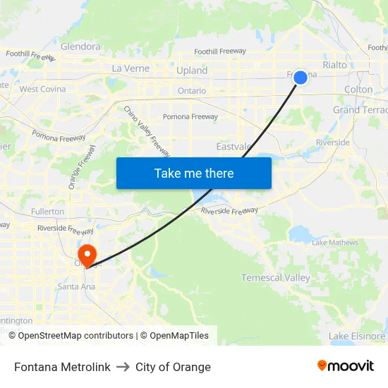 Fontana Metrolink to City of Orange map