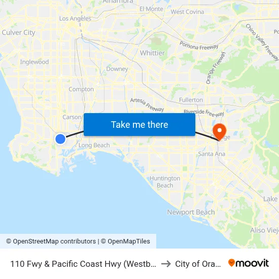 110 Fwy & Pacific Coast Hwy (Westbound) to City of Orange map